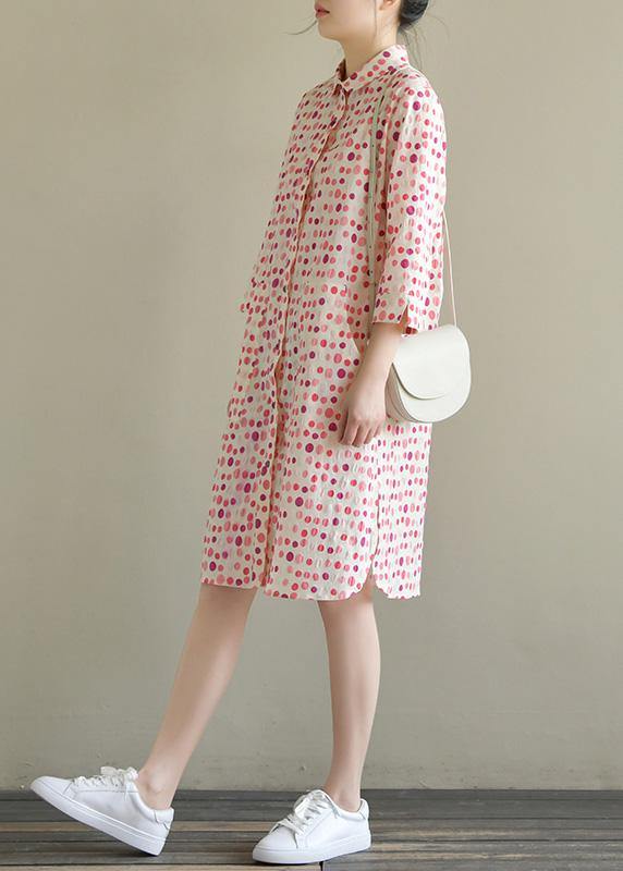 Elegant lapel pockets Cotton dress pink dotted Dress summer - SooLinen
