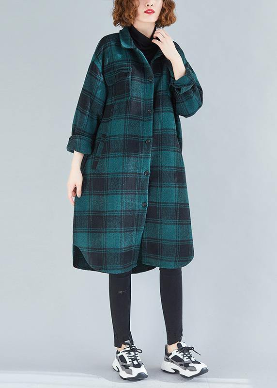 Elegant lapel pockets cotton clothes Christmas Gifts green plaid blouses - SooLinen