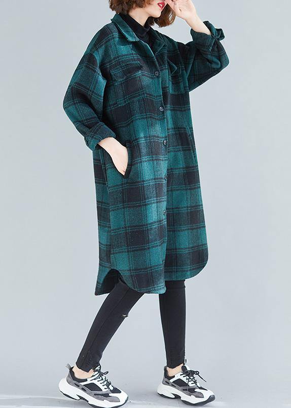 Elegant lapel pockets cotton clothes Christmas Gifts green plaid blouses - SooLinen