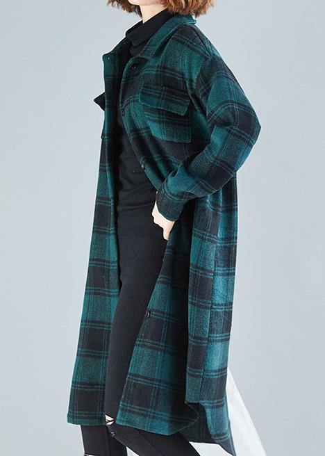 Elegant lapel pockets cotton clothes Christmas Gifts green plaid blouses - SooLinen