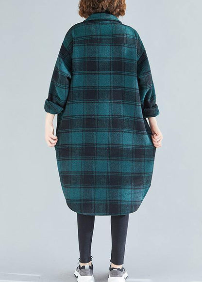 Elegant lapel pockets cotton clothes Christmas Gifts green plaid blouses - SooLinen