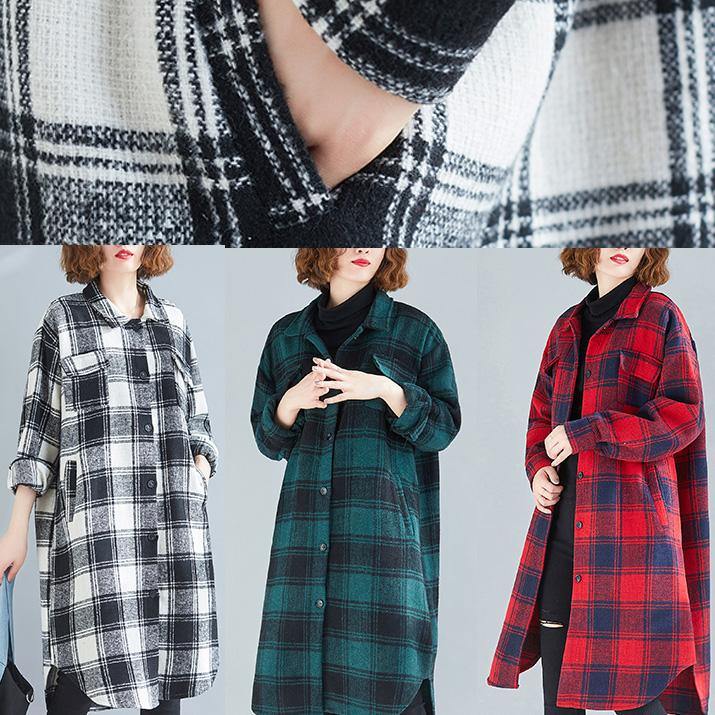 Elegant lapel pockets cotton clothes Christmas Gifts green plaid blouses - SooLinen