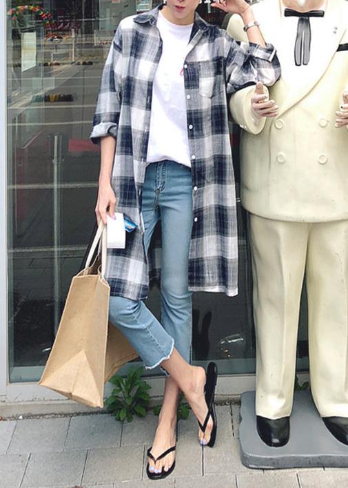 Elegant lapel pockets linen cotton tops women plaid baggy shirt - SooLinen