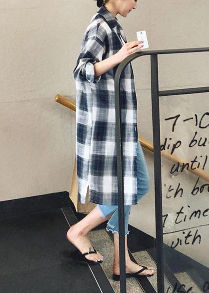 Elegant lapel pockets linen cotton tops women plaid baggy shirt - SooLinen