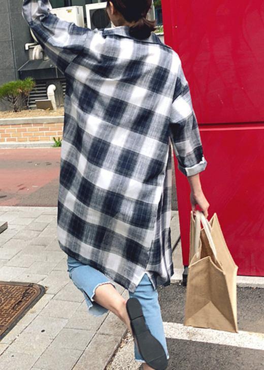 Elegant lapel pockets linen cotton tops women plaid baggy shirt - SooLinen