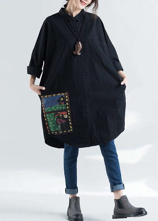 Elegante Revers Print Baumwolle Tunika Muster Plus Size Design schwarz Knie Shirts Frühling