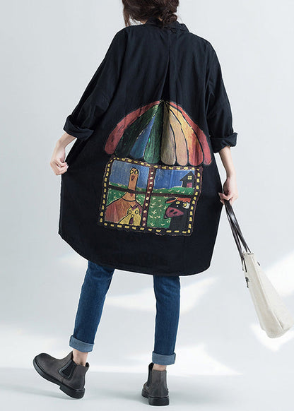 Elegante Revers Print Baumwolle Tunika Muster Plus Size Design schwarz Knie Shirts Frühling