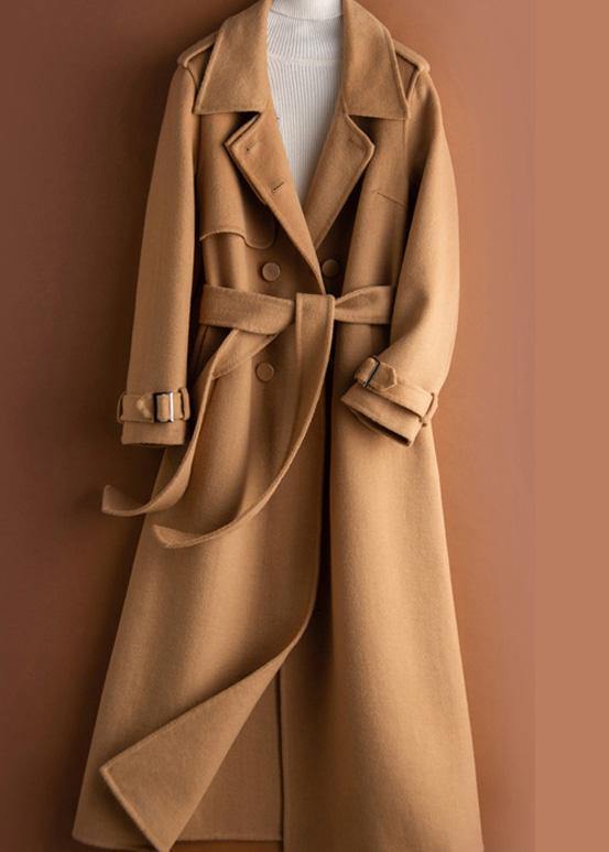 Elegant lapel tie waist Plus Size clothes For Women khaki coat - SooLinen