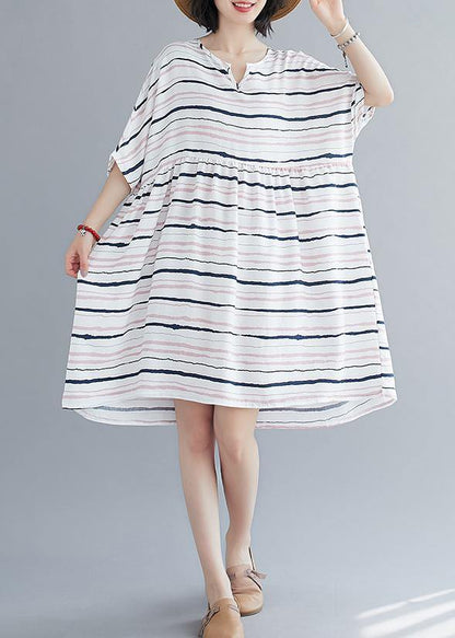 Elegant light pink striped dress o neck Plus Size summer Dresses - SooLinen