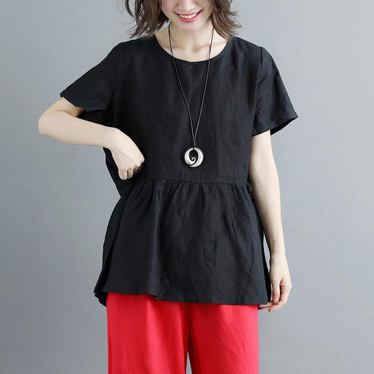 Elegante Leinenbluse in Übergröße, plissiert, Sommer, kurze Ärmel, Rundhalsausschnitt, lässig, schwarz