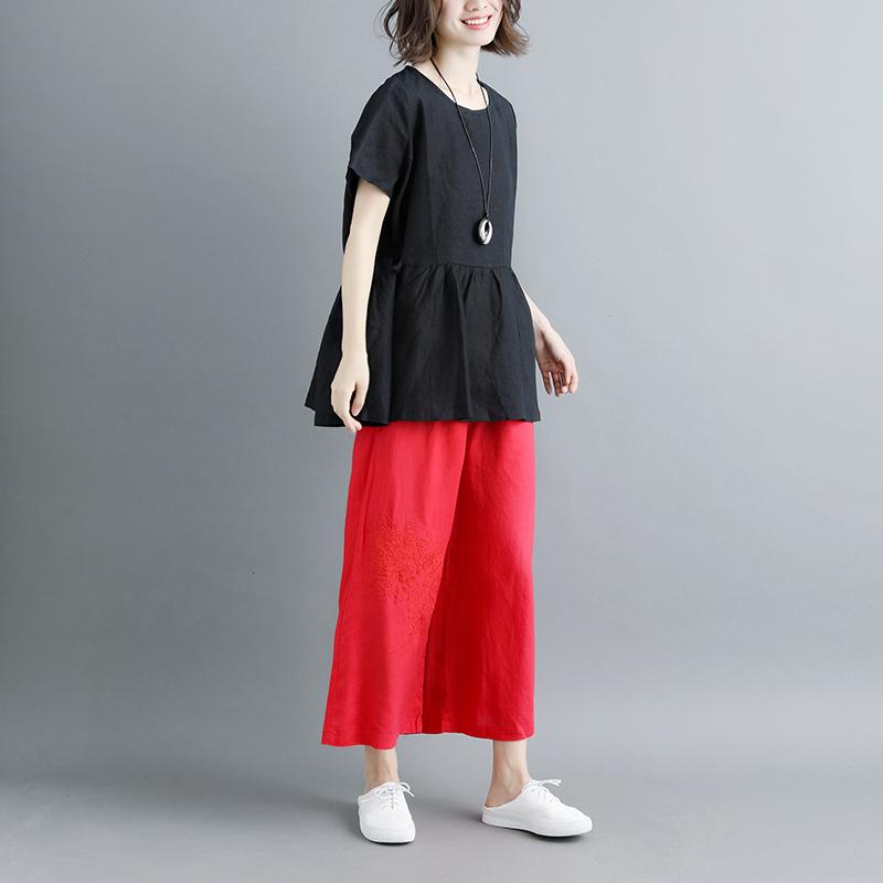 Elegante Leinenbluse in Übergröße, plissiert, Sommer, kurze Ärmel, Rundhalsausschnitt, lässig, schwarz
