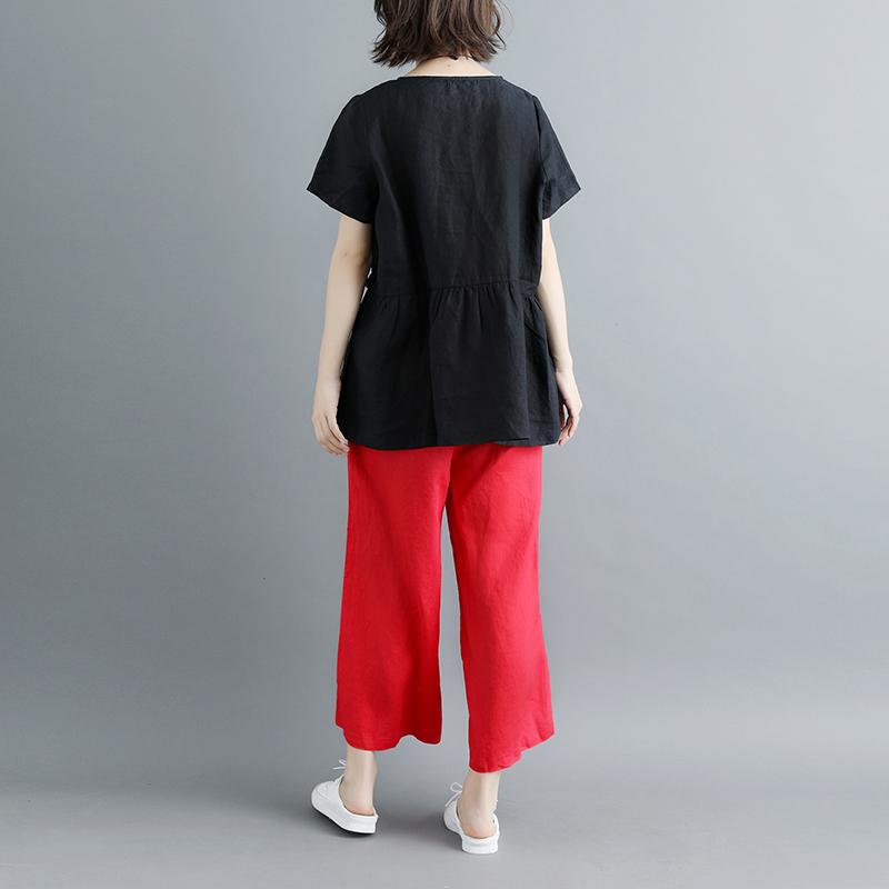 Elegante Leinenbluse in Übergröße, plissiert, Sommer, kurze Ärmel, Rundhalsausschnitt, lässig, schwarz