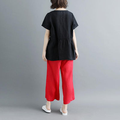 Elegante Leinenbluse in Übergröße, plissiert, Sommer, kurze Ärmel, Rundhalsausschnitt, lässig, schwarz