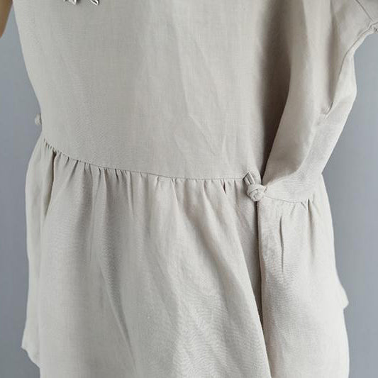 Elegante Leinenbluse in Übergröße, plissiert, Sommer, kurze Ärmel, Rundhalsausschnitt, lässig, schwarz