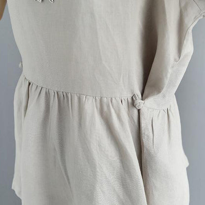 Elegante Leinenbluse in Übergröße, plissiert, Sommer, kurze Ärmel, Rundhalsausschnitt, lässig, schwarz