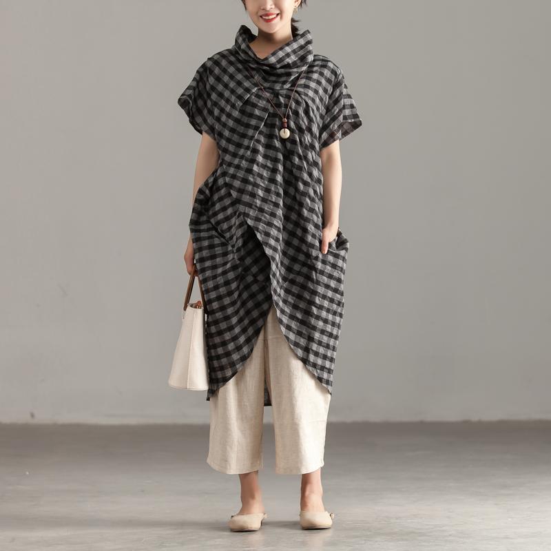 Elegante Oberteile aus Leinen und Baumwolle in Übergröße, Stehkragen, kurze Ärmel, Gittermuster, unregelmäßige Oberteile