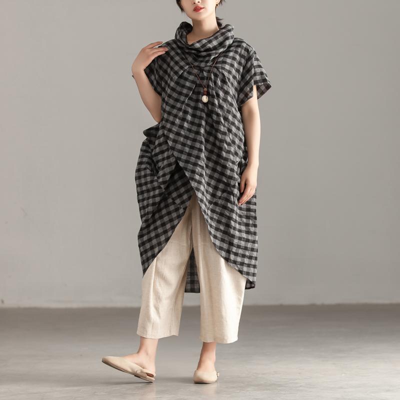 Elegante Oberteile aus Leinen und Baumwolle in Übergröße, Stehkragen, kurze Ärmel, Gittermuster, unregelmäßige Oberteile