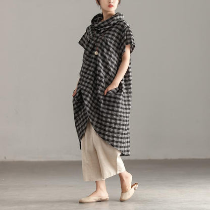 Elegante Oberteile aus Leinen und Baumwolle in Übergröße, Stehkragen, kurze Ärmel, Gittermuster, unregelmäßige Oberteile