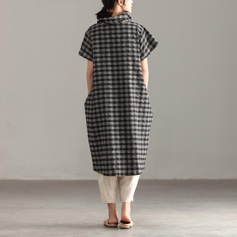 Elegante Oberteile aus Leinen und Baumwolle in Übergröße, Stehkragen, kurze Ärmel, Gittermuster, unregelmäßige Oberteile