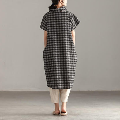 Elegante Oberteile aus Leinen und Baumwolle in Übergröße, Stehkragen, kurze Ärmel, Gittermuster, unregelmäßige Oberteile