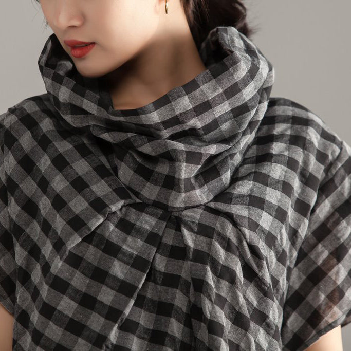 Elegante Oberteile aus Leinen und Baumwolle in Übergröße, Stehkragen, kurze Ärmel, Gittermuster, unregelmäßige Oberteile