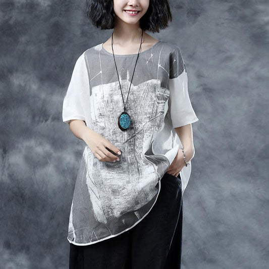 Elegantes Leinen Sommer Top lässig Kurzarm Abstraktes Muster Weiß Sommer Blusen Shirts