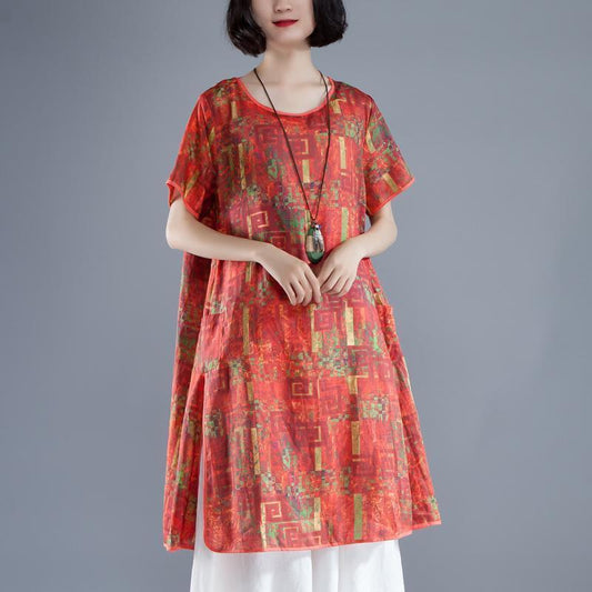 Elegantes langes Leinenkleid in Übergröße, kurzärmelig, Schlitz, Sommerkleid mit Print