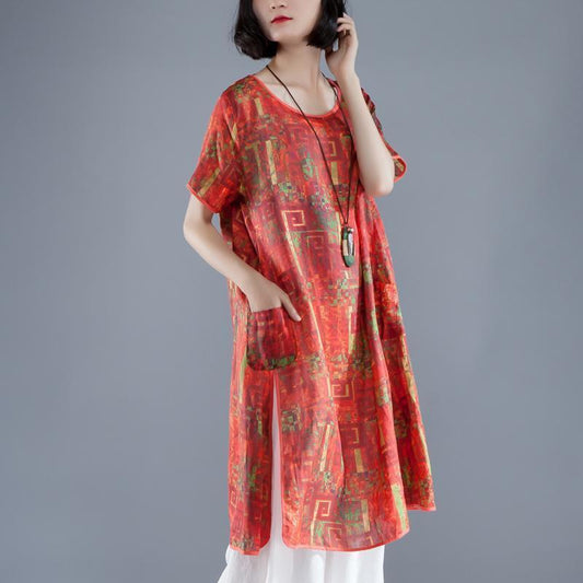 Elegantes langes Leinenkleid in Übergröße, kurzärmelig, Schlitz, Sommerkleid mit Print