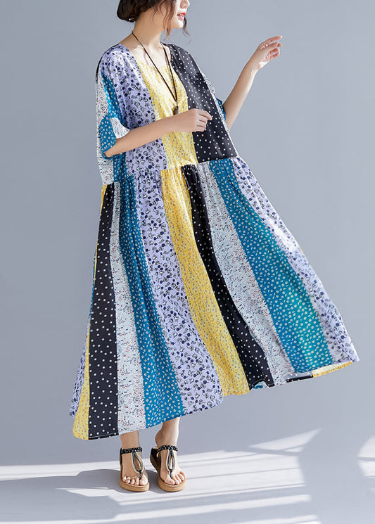 Elegante mehrfarbige Baumwollkleider in Übergröße Nähen von O-Ausschnitt-Patchwork-Kaftan-Sommerkleidern