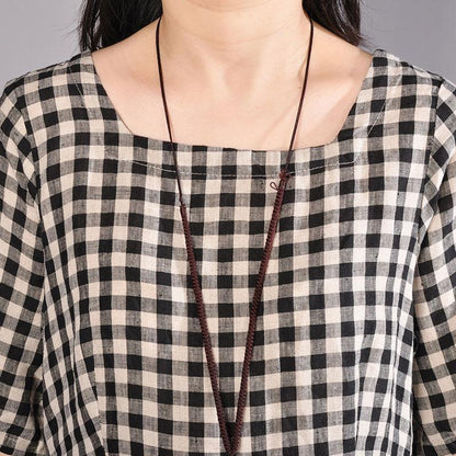 Elegantes Kleid aus natürlicher Baumwolle, Oversize, Rundhalsausschnitt, kariert, kurzärmelig, Sommerkleid