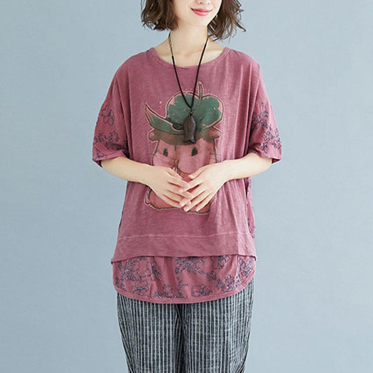 Elegantes T-Shirt aus natürlichem Leinen, locker sitzende Sommer-Stickerei, kurzärmelige, geschlitzte rosa Bluse