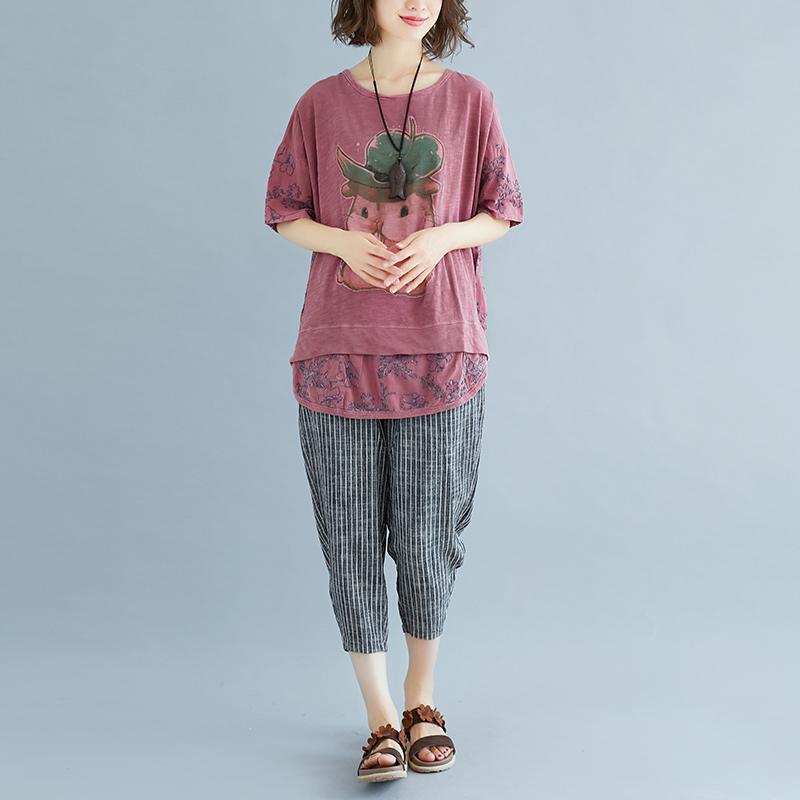 Elegantes T-Shirt aus natürlichem Leinen, locker sitzende Sommer-Stickerei, kurzärmelige, geschlitzte rosa Bluse