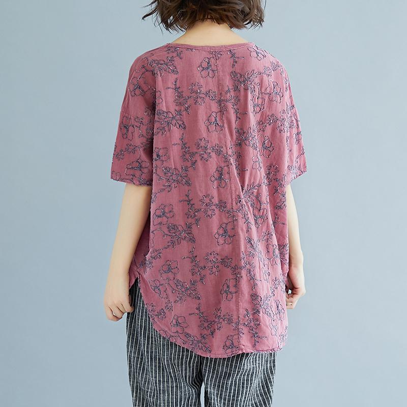 Elegantes T-Shirt aus natürlichem Leinen, locker sitzende Sommer-Stickerei, kurzärmelige, geschlitzte rosa Bluse