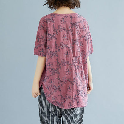 Elegantes T-Shirt aus natürlichem Leinen, locker sitzende Sommer-Stickerei, kurzärmelige, geschlitzte rosa Bluse