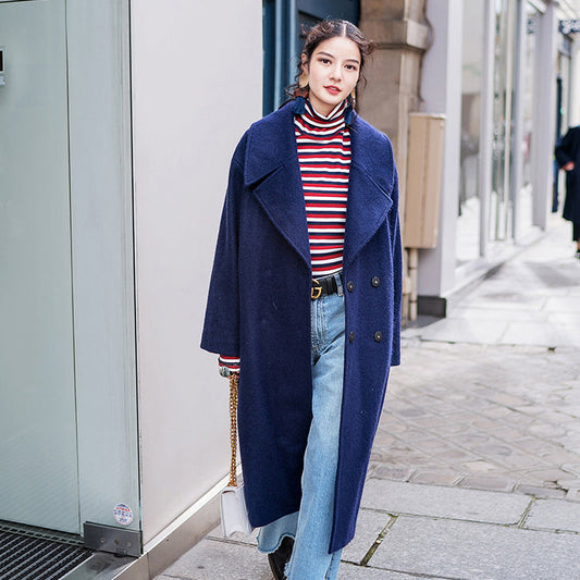 Elegante Marine Mäntel Plus Size Kleidung Einkerbter Maximantel Eleganter Zweireihermantel mit Taschen