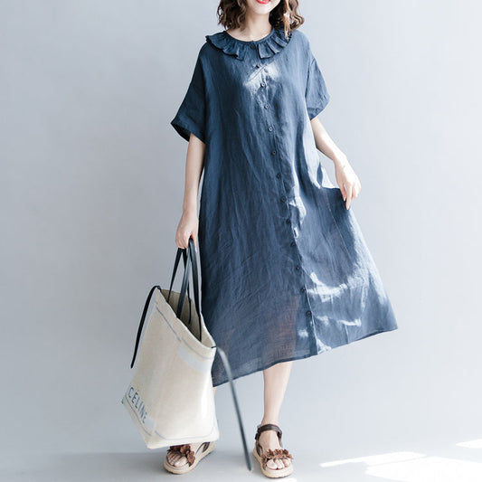 Elegantes marineblaues Baumwoll-Leinen-Kleid, lässiges Kleid, feines Kurzarm-Patchwork, Peter-Pan-Kragen, Taschen, Baumwoll-Leinen-Kleider
