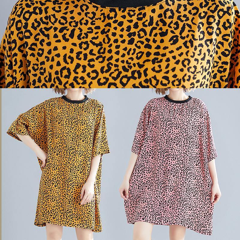 Elegant o neck Batwing Sleeve Cotton blended Korea Neckline pink Leopard daily Dress Summer - SooLinen