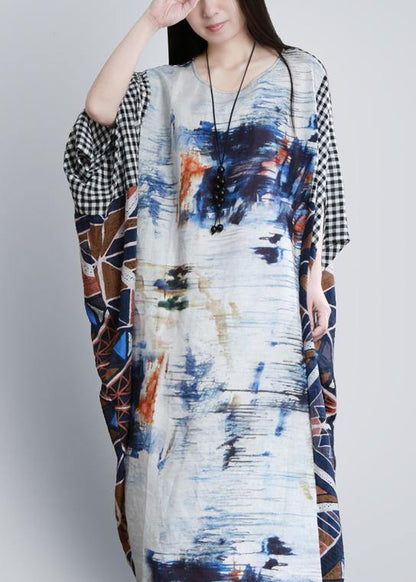 Elegant o neck Batwing Sleeve Long dress Runway blue white print Dress - SooLinen
