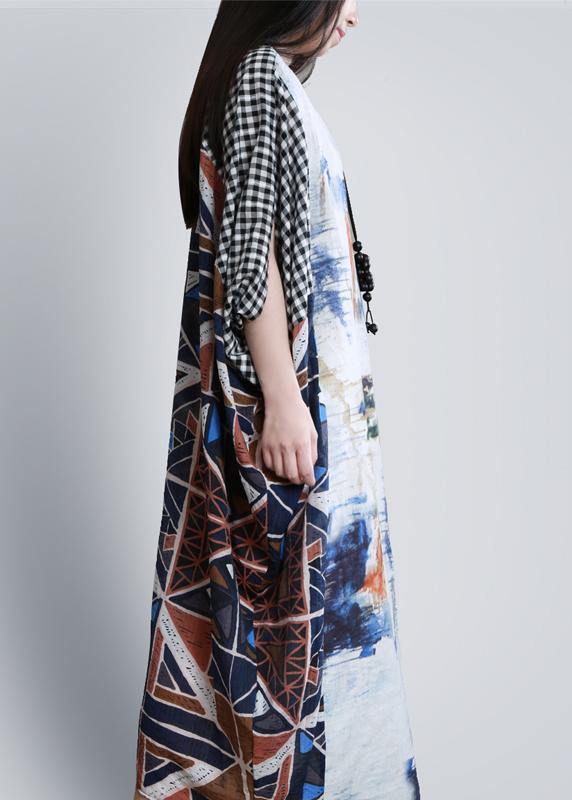 Elegant o neck Batwing Sleeve Long dress Runway blue white print Dress - SooLinen
