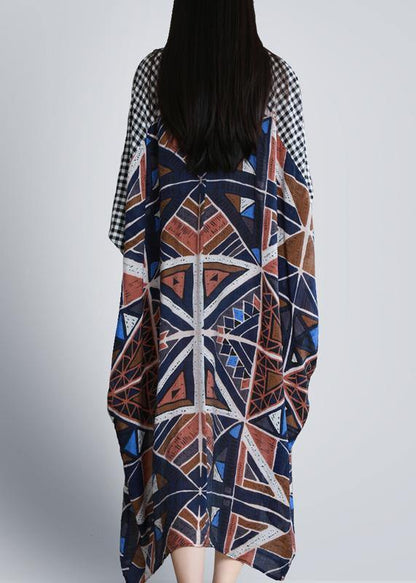 Elegant o neck Batwing Sleeve Long dress Runway blue white print Dress - SooLinen