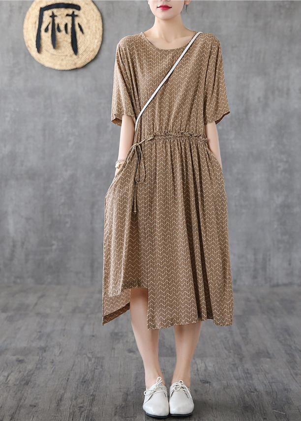 Elegant o neck asymmetric cotton linen dresses Catwalk khaki print Dresses summer - SooLinen