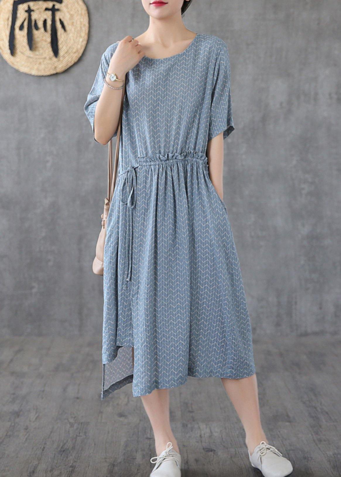 Elegant o neck asymmetric cotton linen dresses Catwalk khaki print Dresses summer - SooLinen