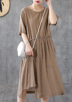 Elegant o neck asymmetric cotton linen dresses Catwalk khaki print Dresses summer - SooLinen