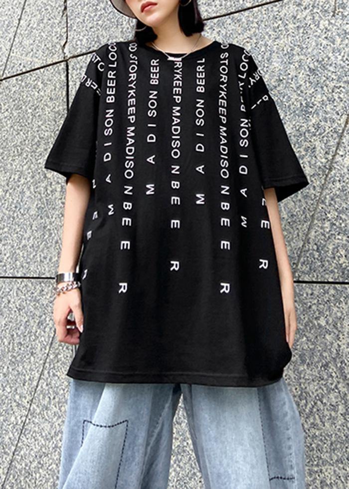 Elegant o neck back side open cotton clothes For Women Tutorials black Letter blouse - SooLinen