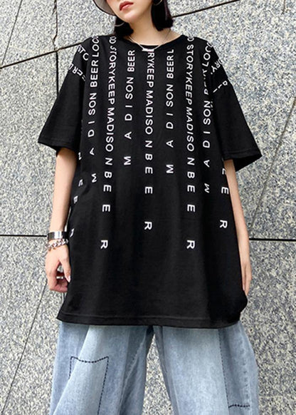 Elegant o neck back side open cotton clothes For Women Tutorials black Letter blouse - SooLinen