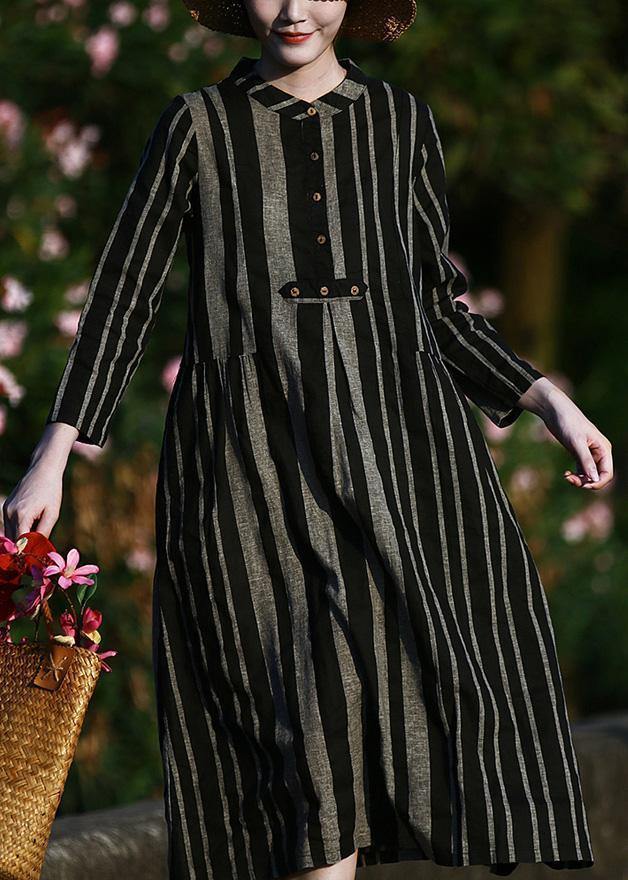 Elegant o neck linen spring clothes For Women pattern black striped Dresses - SooLinen