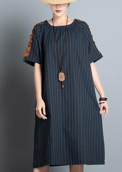 Elegant o neck patchwork cotton quilting clothes Shape black striped Dress summer - SooLinen