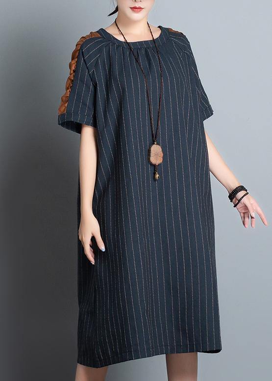 Elegant o neck patchwork cotton quilting clothes Shape black striped Dress summer - SooLinen