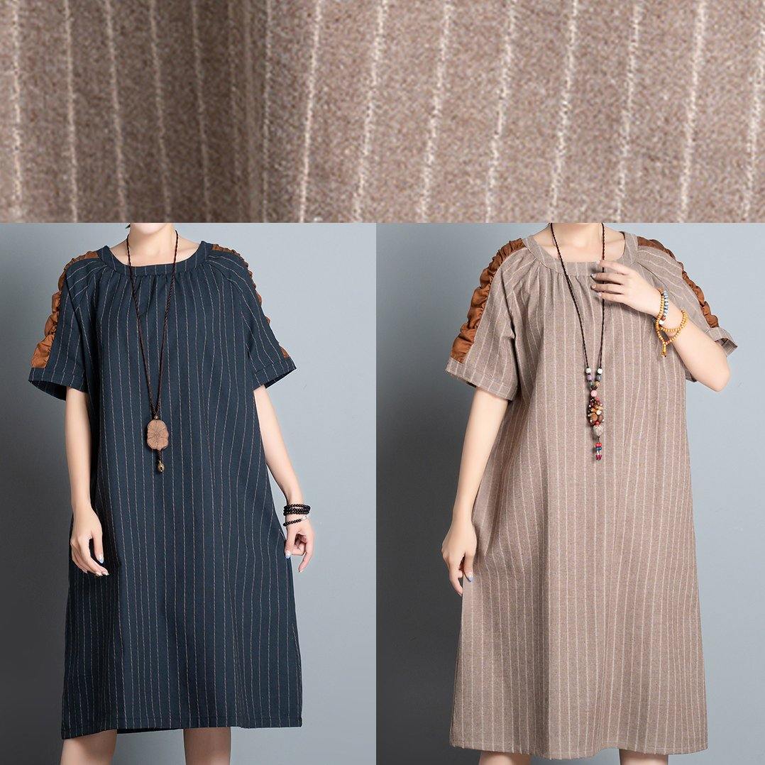 Elegant o neck patchwork cotton quilting clothes Shape black striped Dress summer - SooLinen