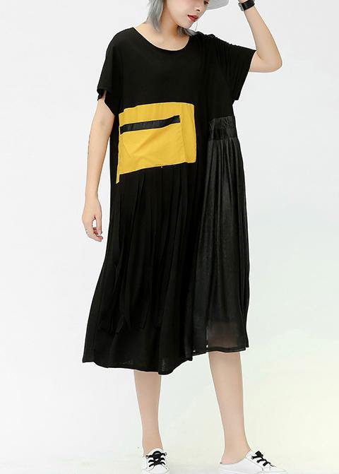 Elegant o neck patchwork pockets cotton Women Outfits yellow Dress summer - SooLinen